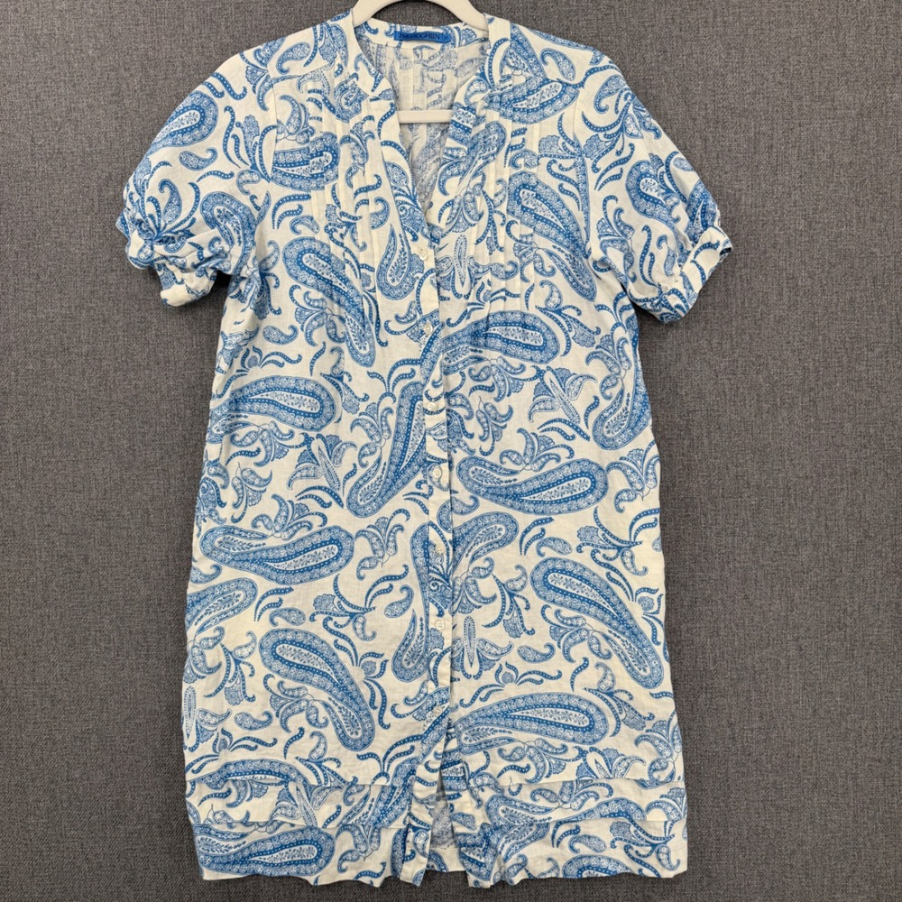 J.McLaughlin Women XS Blue White Paisley 100% Linen Short Sleeve Shirt Dress